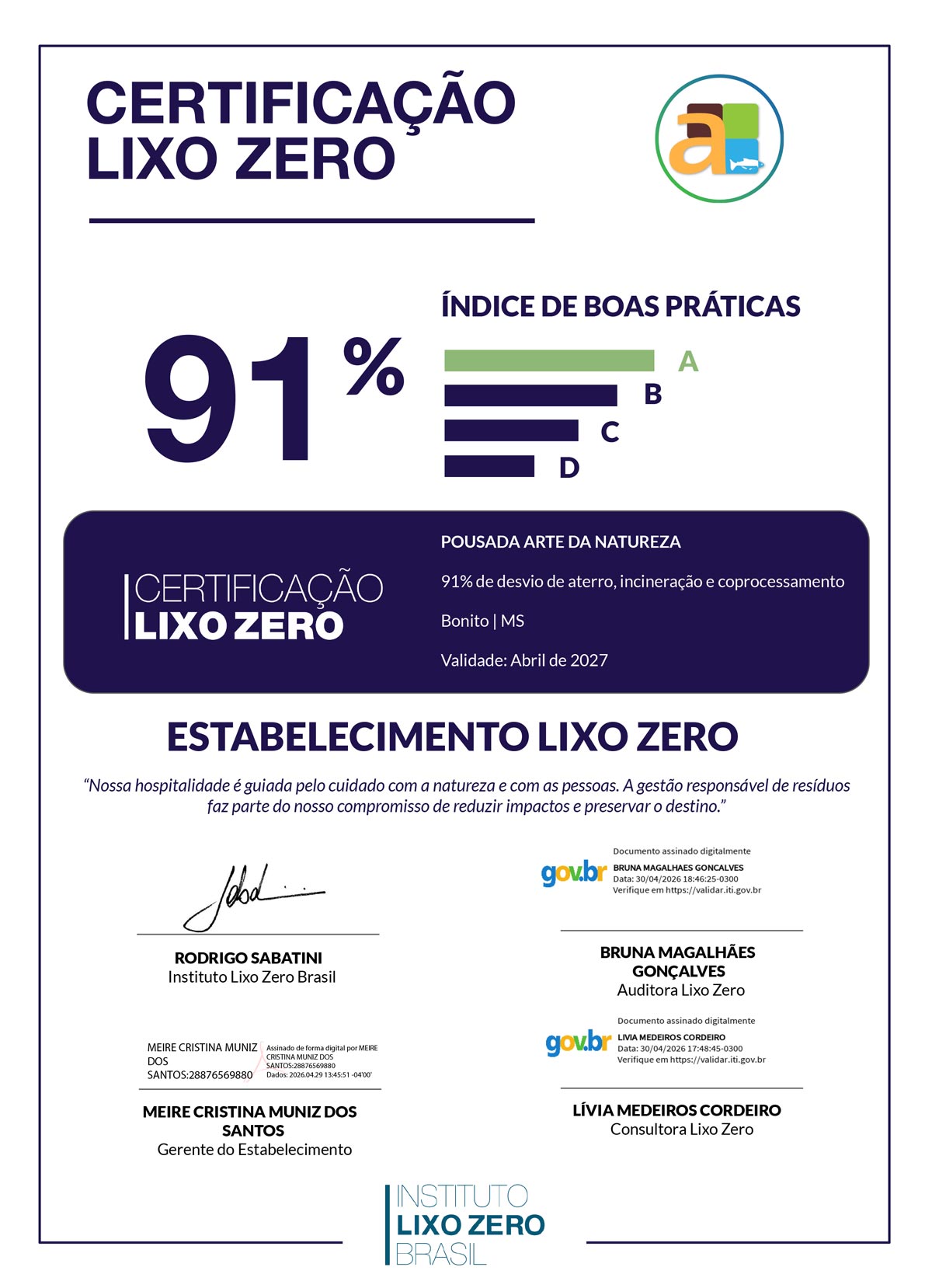 Certificação Lixo Zero do Arte da Natureza Hotel Bonito